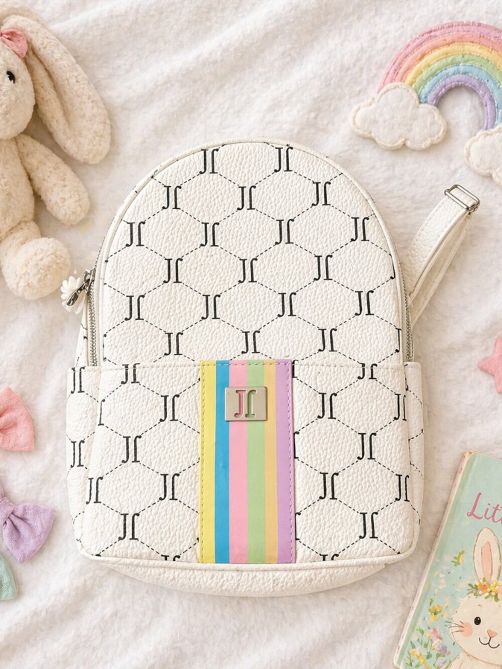 Justice White Mini Backpack Monogram Rainbow Stripe